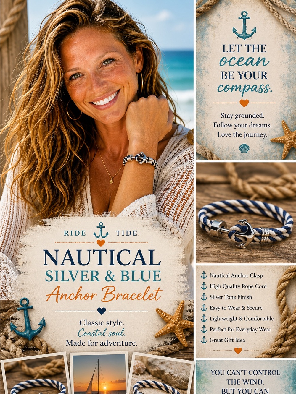 Nautical Silver and Blue Anchor Bracelet